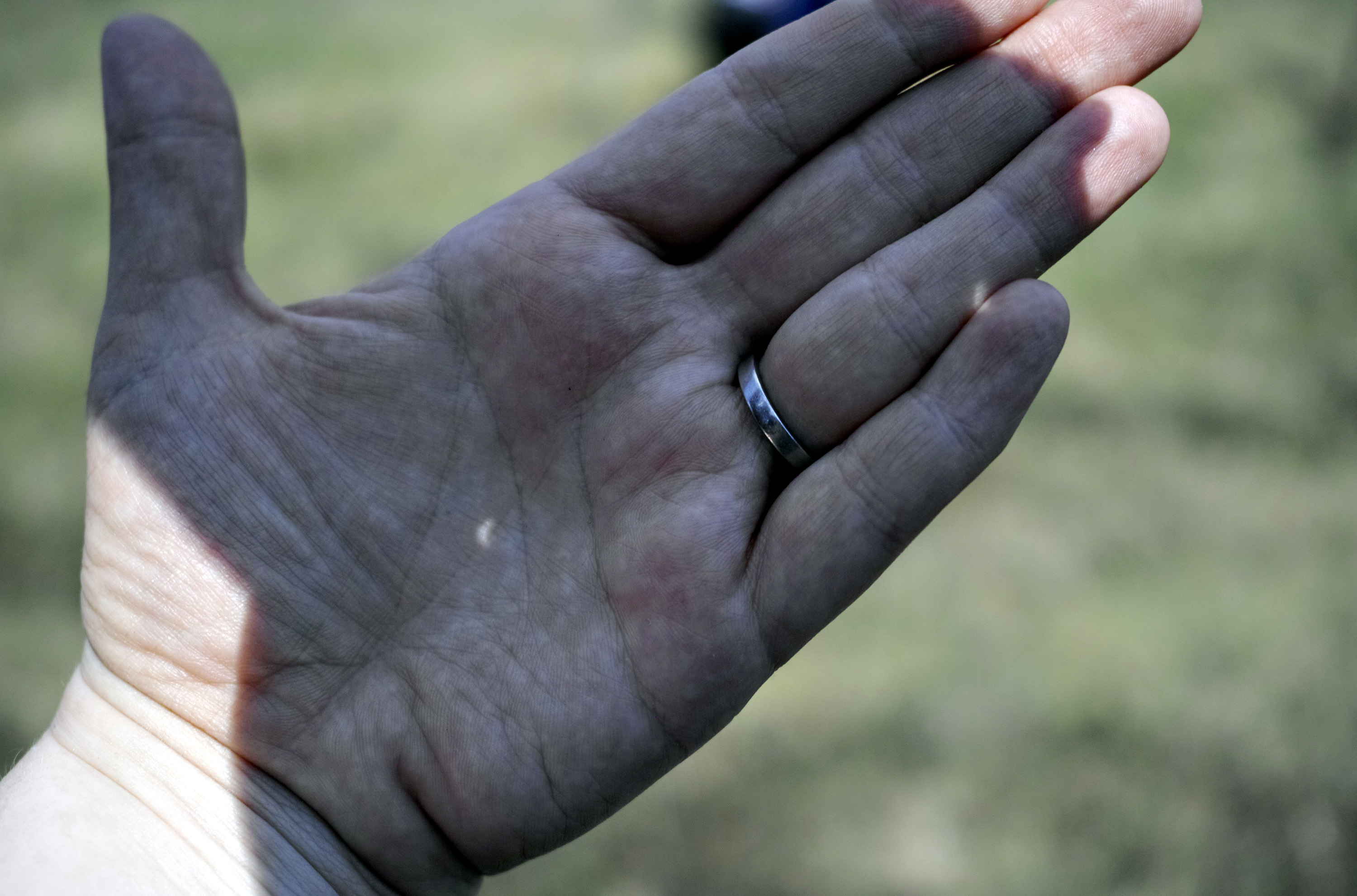 Pinhole projection casts a view of the eclipse on a person's hand.