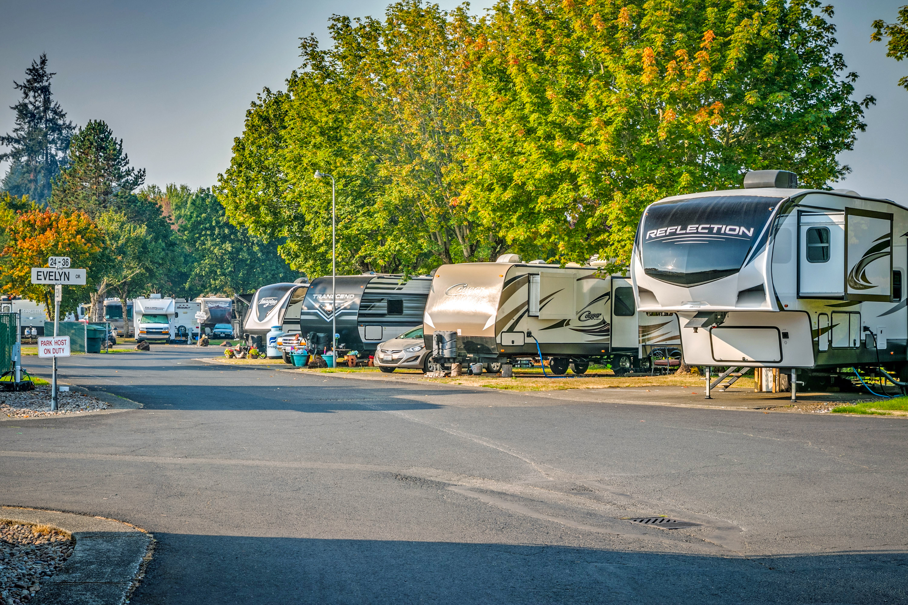 a Row of motorhomes and trails in a campground.
