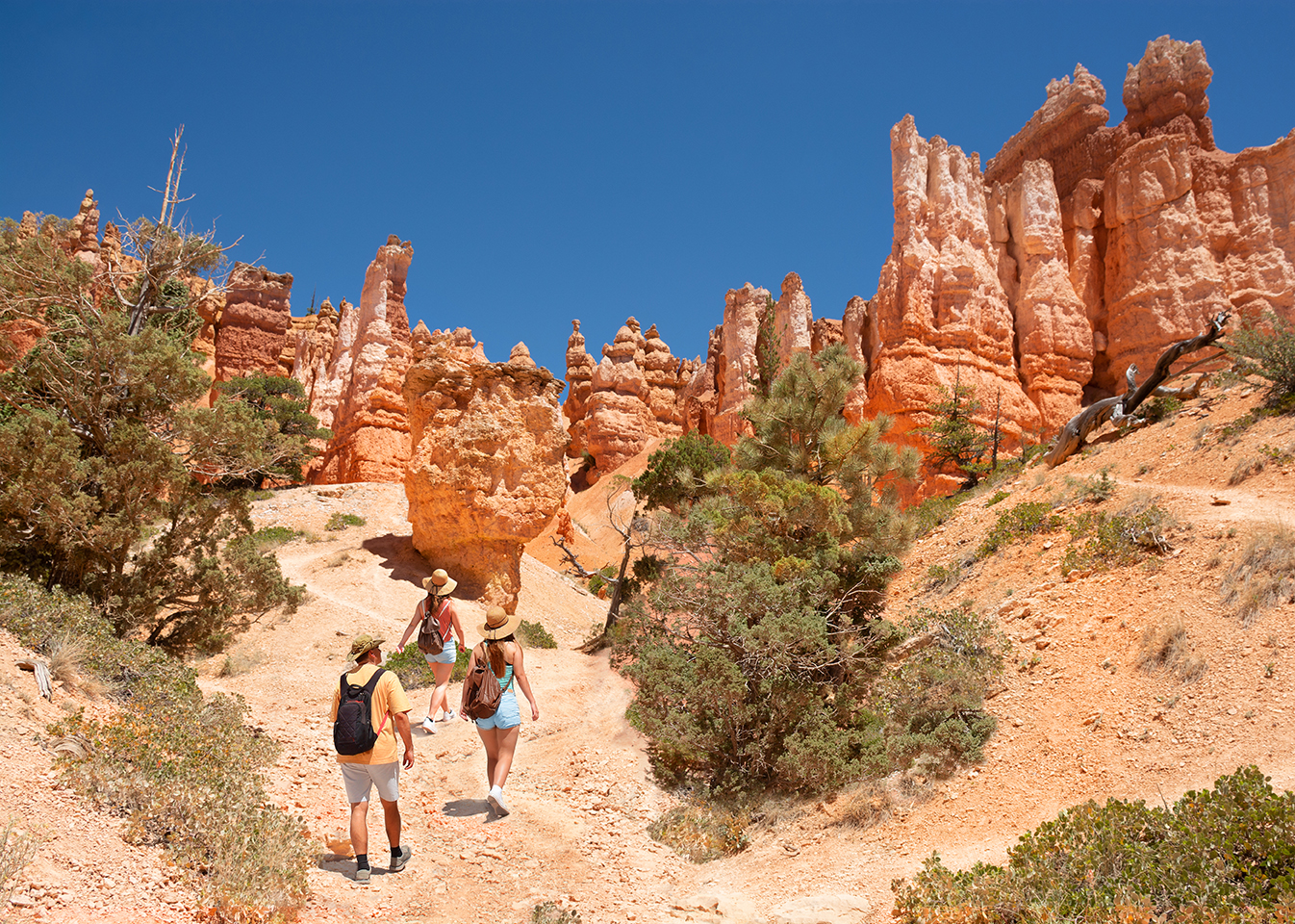 A trio of hikers ascend a slope toward craggy rock arches.