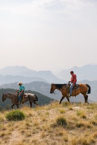 Three horse riders descending a slope.