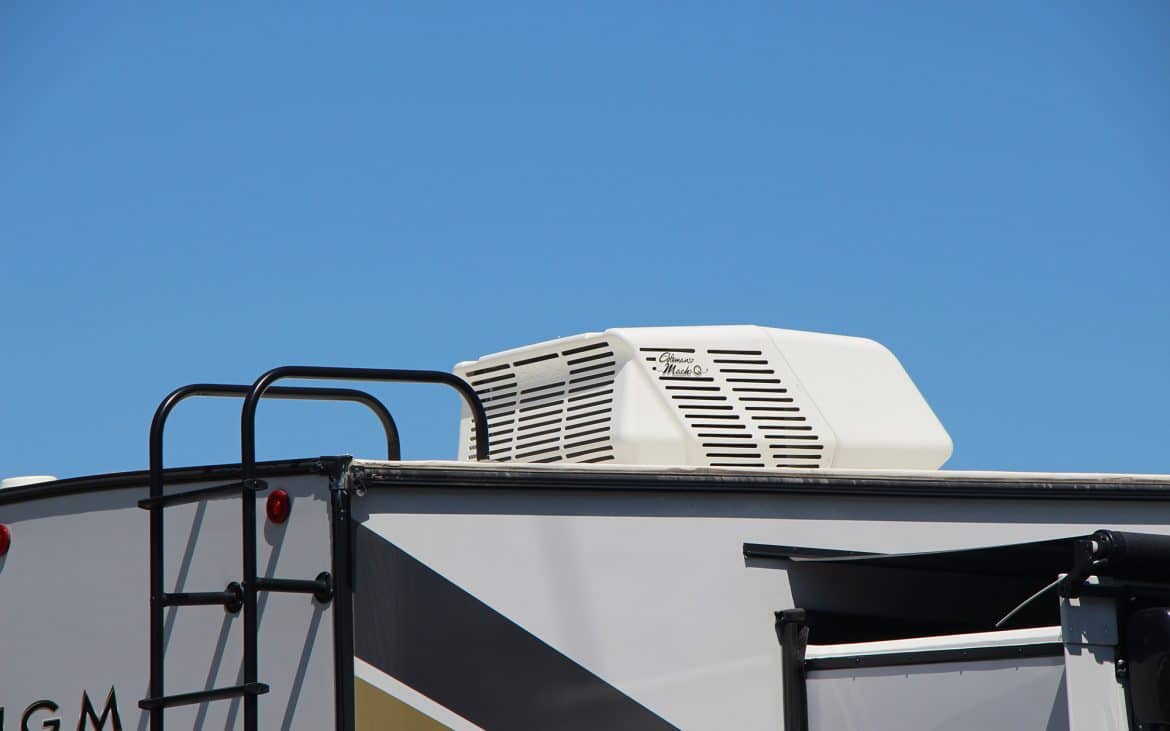 Roof-mounted RV air conditioning unit.