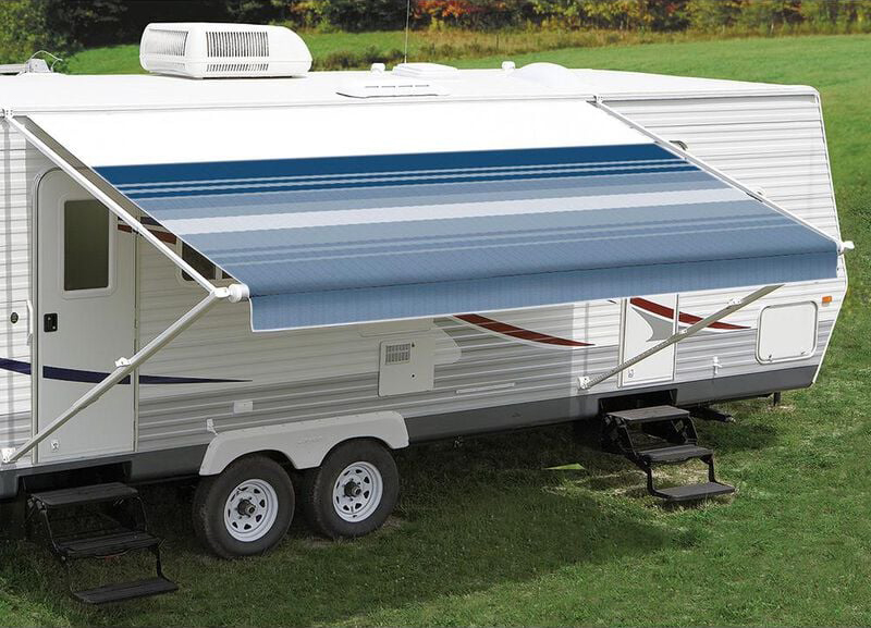 Blue awning for trailer