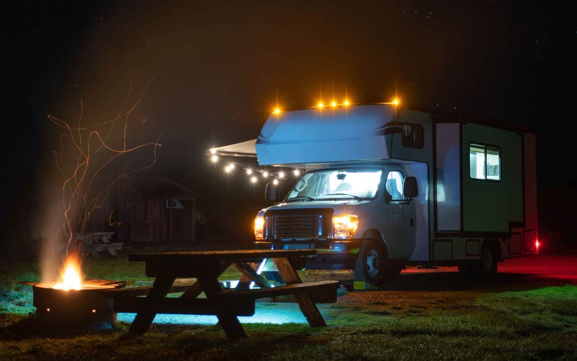 Motorhome camped at night