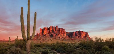 Arizonian RV Resort — Scenic Sonoran Desert landscape with a Saguaro Cactus at sunset in the Superstition Mountains at Lost Dutchman State Park