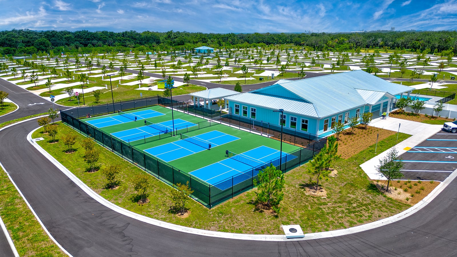 Aerial shot of pickleball courts in luxury rv park