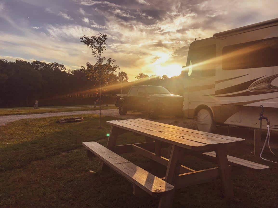 RV campsite at sunset.