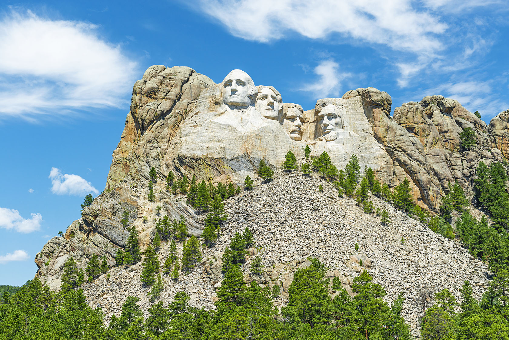 View of rock sculptures of four presidents against a clear blue sky.