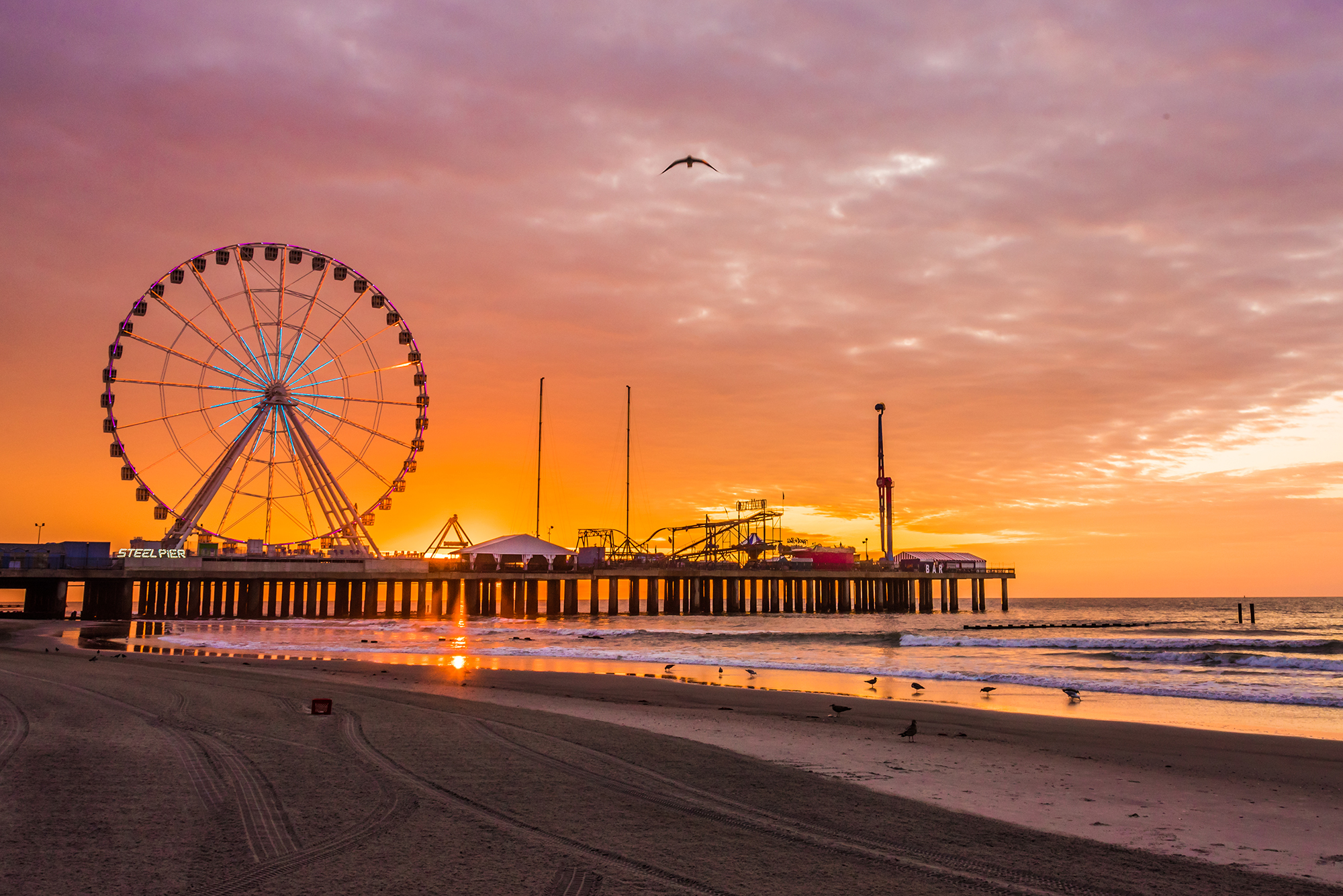 Against a dusk sky, a Ferris wheel rises above a pier.