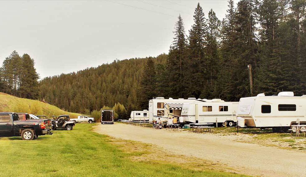 Grassy RV campsites along a dirt road