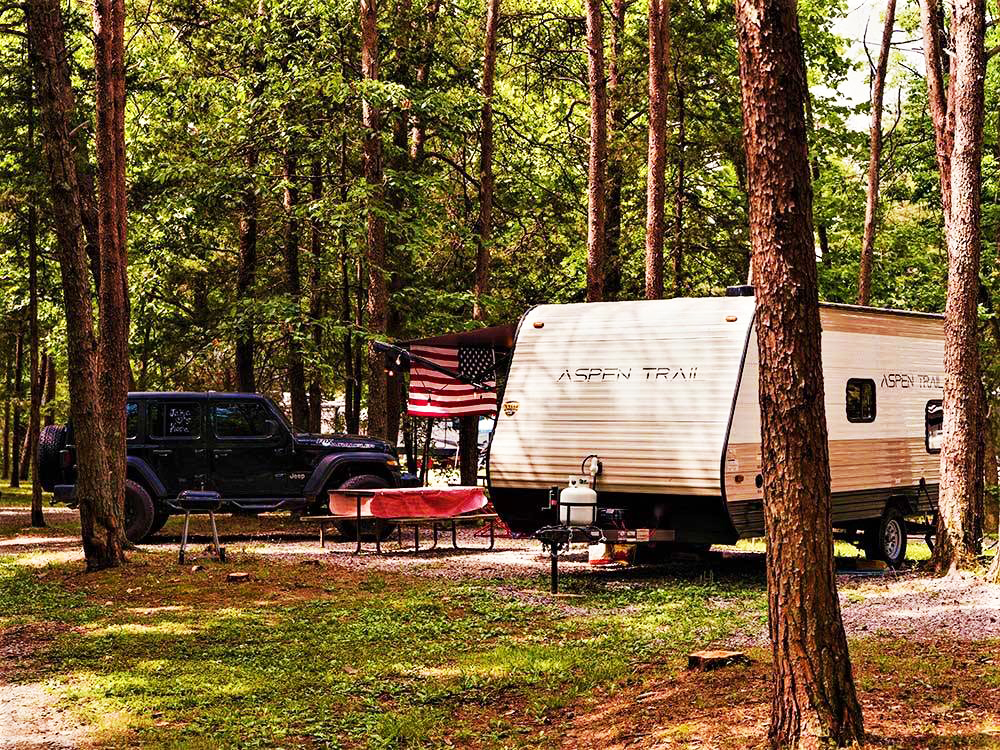 A travel trailer camping amid tall trees with American flag in image.